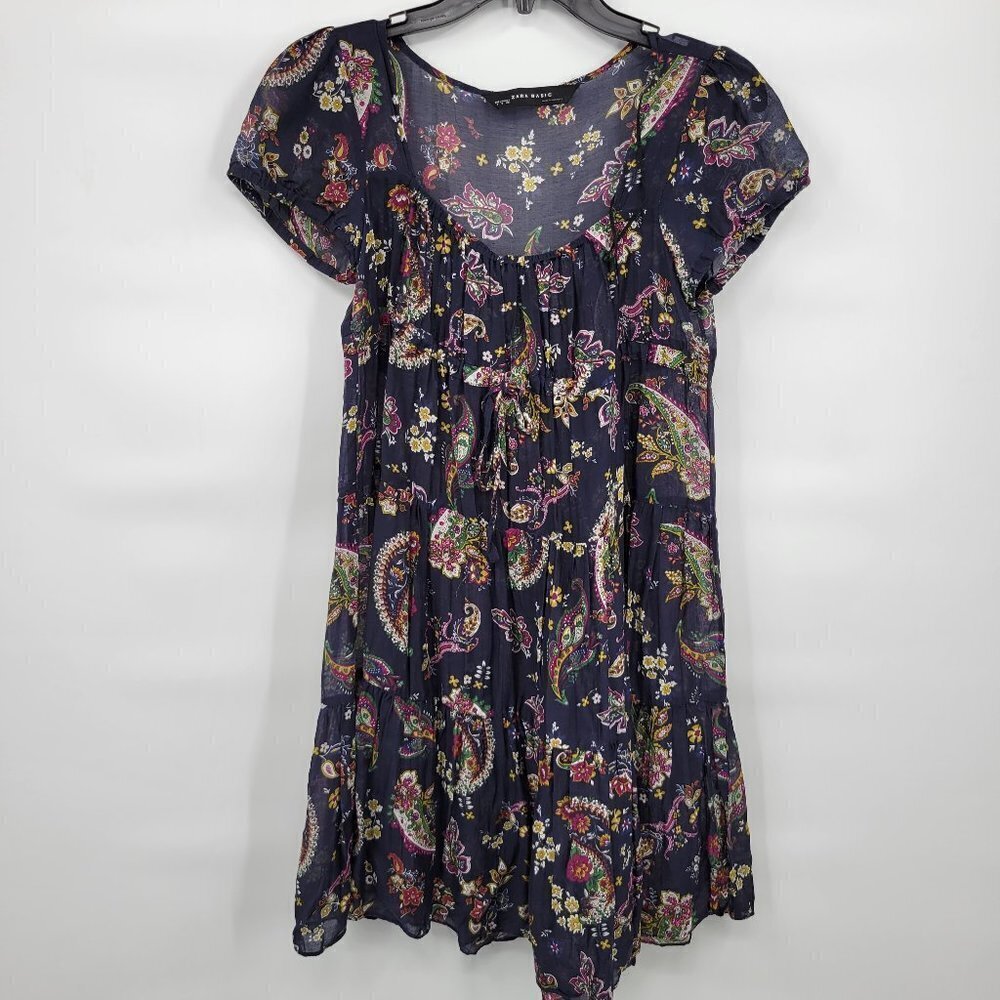 Zara Basic Women Blue Sheer Short Sleeve Square Neck Floral Mini Dress Size S